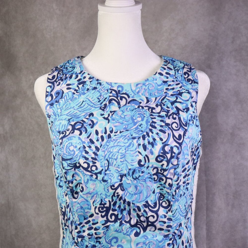 Lilly Pulitzer Mila Shift Dress Womens 4 Blue Light Aqua Spritz Bow Seahorse AOP - Picture 2 of 12